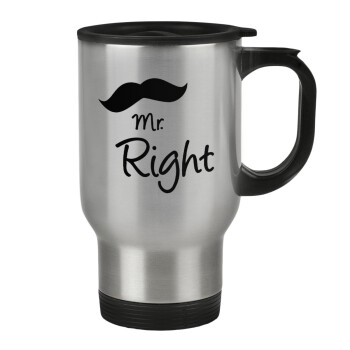 Mr right Mustache, Stainless steel travel mug with lid, double wall 450ml