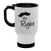 Mr right Mustache, Stainless steel travel mug with lid, double wall (warm) white 450ml
