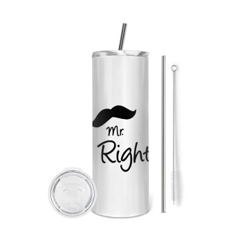 Mr right Mustache, Eco friendly ποτήρι θερμό (tumbler) από ανοξείδωτο ατσάλι 600ml, με μεταλλικό καλαμάκι & βούρτσα καθαρισμού