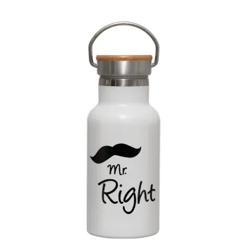 Mr right Mustache, Metallic thermos (Stainless steel) White with wooden lid (bamboo), double-walled, 350ml
