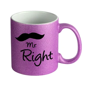 Mr right Mustache, Κούπα Μωβ Glitter που γυαλίζει, κεραμική, 330ml