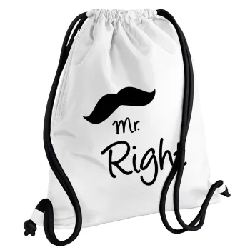 Mr right Mustache, Backpack pouch GYMBAG white, with pocket (40x48cm) & thick cords