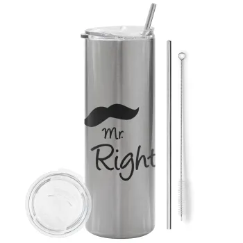 Mr right Mustache, Tumbler ποτήρι θερμό Ασημένιο από ανοξείδωτο ατσάλι 600ml, με μεταλλικό καλαμάκι & βούρτσα καθαρισμού