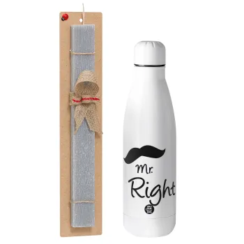 Mr right Mustache, Easter Set, metallic stainless thermos bottle (500ml) & scented flat Easter candle (30cm) (GRAY)