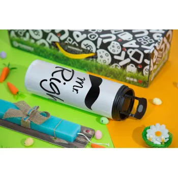 Mr right Mustache, Easter candle,Travel Tumbler 2 Lids, with metal straw & cleaning brush & aromatic flat candle (30cm) (BLUE)