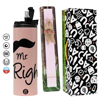 Mr right Mustache, Πασχαλινή Λαμπάδα με  ΡΟΖ Travel Tumbler θερμό (600ml, BPA free) & κερί αρωματικό πλακέ (30cm) (ΡΟΖ)