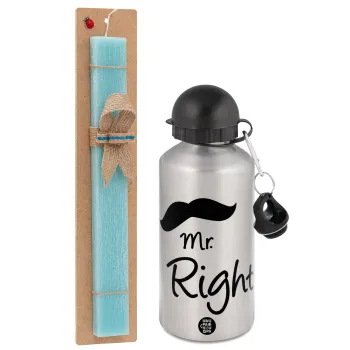 Mr right Mustache, Πασχαλινή Λαμπάδα με παγούρι μεταλλικό Ασημένιο αλουμινίου (500ml) & κερί αρωματικό πλακέ (30cm) (ΤΙΡΚΟΥΑΖ)