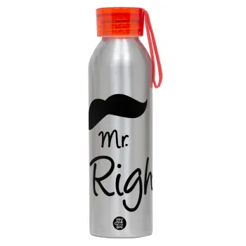 Mr right Mustache, Αλουμινένιο Αθλητικό Μπουκάλι 650ml – Ασημί με Κόκκινο Καπάκι και Λουράκι Σιλικόνης