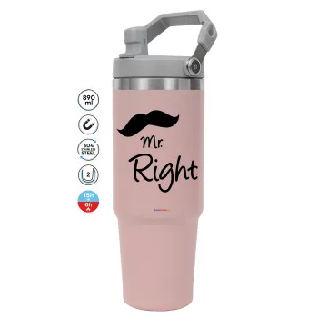 Mr right Mustache, Pink color, 890ml (30oz) stainless Steel Tumbler with Handle