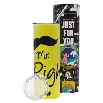 Mr right Mustache, Neon Yellow Travel Tumbler θερμό, μεταλλικό καλαμάκι(Ανωξείδωτο 304 Food grade, BPA free, 600ml)