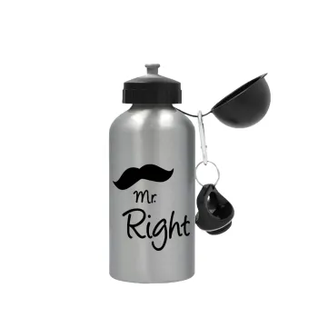 Mr right Mustache, Μεταλλικό παγούρι νερού, Ασημένιο, αλουμινίου 500ml