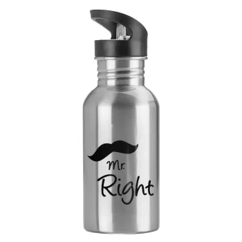 Mr right Mustache, Water bottle Silver with straw, stainless steel 600ml