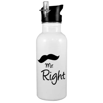 Mr right Mustache, White water bottle with straw, stainless steel 600ml