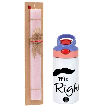 Mr right Mustache, Easter Set, Children's thermal stainless steel water bottle with safety straw, pink/purple (350ml) & Easter scented flat candle (30cm) (PINK)