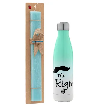 Mr right Mustache, Easter Set, Metallic green/white thermos (Stainless steel), double-walled, 500ml & scented flat Easter candle (30cm) (TURQUOISE)