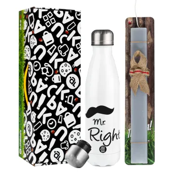 Mr right Mustache, Πασχαλινή Λαμπάδα με μεταλλικό παγούρι θερμός λευκός (500ml) & λαμπάδα αρωματική πλακέ (30cm) (ΓΚΡΙ)