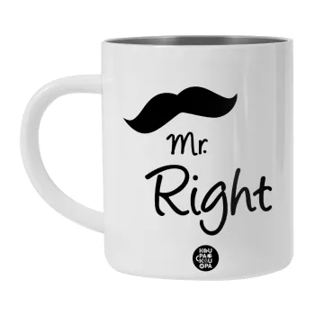 Mr right Mustache, Λευκή Ανοξείδωτη Μεταλλική Κούπα 450ml - Διπλού Τοιχώματος 
