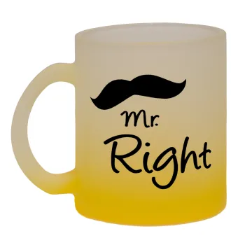 Mr right Mustache, Κούπα γυάλινη δίχρωμη με βάση το κίτρινο ματ, 330ml
