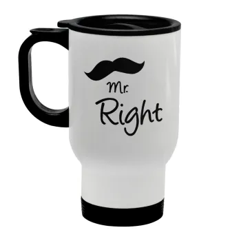 Mr right Mustache, Κούπα ταξιδιού ανοξείδωτη με καπάκι, διπλού τοιχώματος (θερμό) λευκή 450ml
