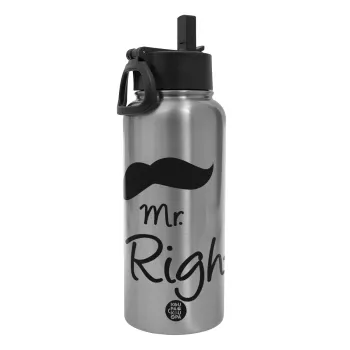 Mr right Mustache, Metal mug thermo Silver with Straw and Spout Lid (Stainless steel), double wall, 950ml