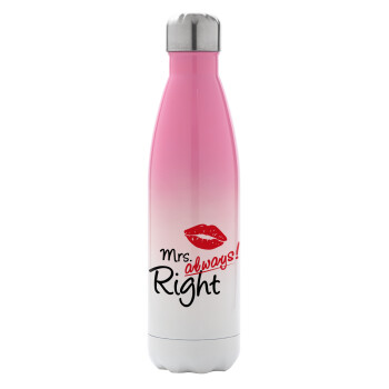Mrs always right kiss, Metal mug thermos Pink/White (Stainless steel), double wall, 500ml