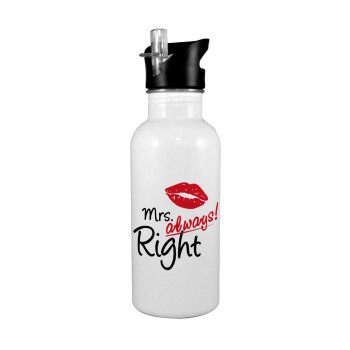 Mrs always right kiss, White water bottle with straw, stainless steel 600ml