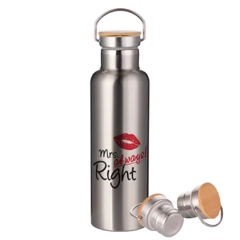 Mrs always right kiss, Stainless steel Silver with wooden lid (bamboo), double wall, 750ml