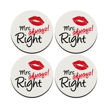 Mrs always right kiss, SET of 4 round wooden coasters (9cm)