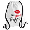 Mrs always right kiss, Τσάντα πλάτης πουγκί GYMBAG λευκή, με τσέπη (40x48cm) & χονδρά κορδόνια