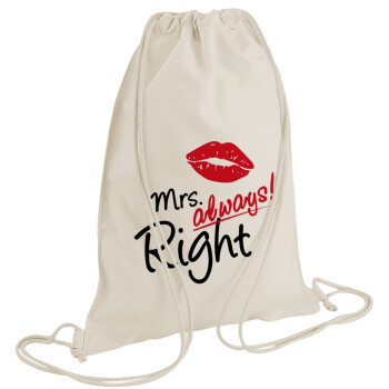 Mrs always right kiss, Backpack bag GYMBAG natural (28x40cm)