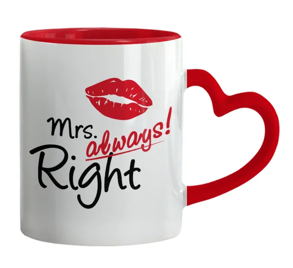 Mrs always right kiss — Κούπα καρδιά χερούλι κόκκινη, κεραμική, 330ml