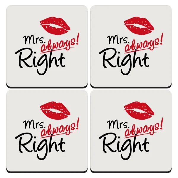 Mrs always right kiss — Σουβέρ ξύλινα τετράγωνα (9cm)