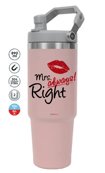 Mrs always right kiss — ΡΟΖ Travel Tumbler Θερμός με χερούλι και καλαμάκι 890ml