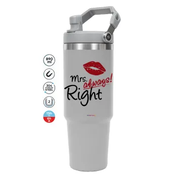 Mrs always right kiss, GREY color, 890ml (30oz) stainless Steel Tumbler with Handle
