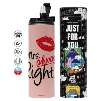 Mrs always right kiss, Tumbler stainless steel PINK 600ml
