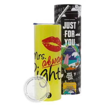 Mrs always right kiss, Neon Yellow Travel Tumbler θερμό, μεταλλικό καλαμάκι(Ανωξείδωτο 304 Food grade, BPA free, 600ml)