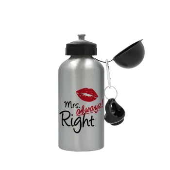 Mrs always right kiss, Μεταλλικό παγούρι νερού, Ασημένιο, αλουμινίου 500ml