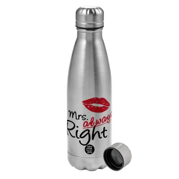 Mrs always right kiss, Metallic water bottle, stainless steel, 750ml