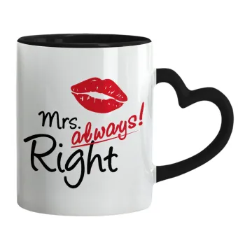 Mrs always right kiss, Κούπα καρδιά χερούλι μαύρη, κεραμική, 330ml