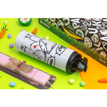 Τι έχεις? Τίποτα!, Easter candle,Travel Tumbler 2 Lids, with metal straw & cleaning brush & aromatic flat candle (30cm) (PINK)