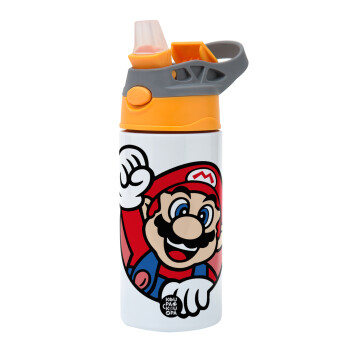 Super mario win, Παιδικό παγούρι θερμό, ανοξείδωτο, με καλαμάκι ασφαλείας, Πορτοκαλί/Γκρι (360ml) BPA-FREE