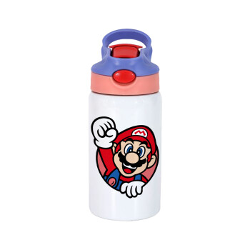 Super mario win, Children's hot water bottle, stainless steel, with safety straw, pink/purple (350ml)