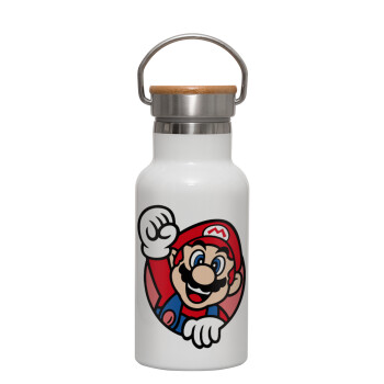 Super mario win, Metallic thermos (Stainless steel) White with wooden lid (bamboo), double-walled, 350ml