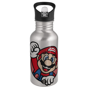 Super mario win, Water bottle Silver with straw, stainless steel 500ml