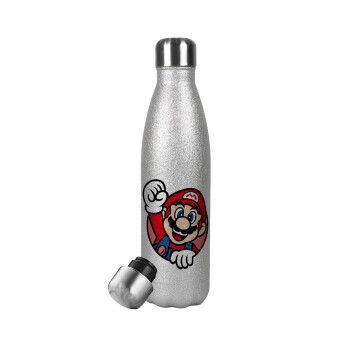 Super mario win, Metallic Glitter Silver Thermos Flask (Stainless steel), double-walled, 500ml