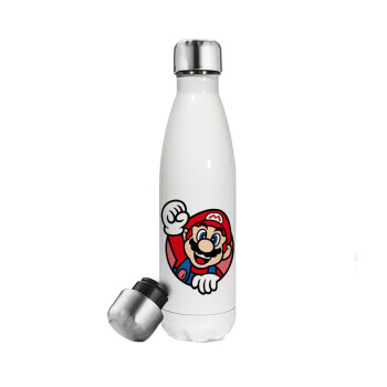 Super mario win, Μεταλλικό παγούρι θερμός Λευκό (Stainless steel), διπλού τοιχώματος, 500ml