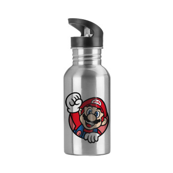 Super mario win, Water bottle Silver with straw, stainless steel 600ml