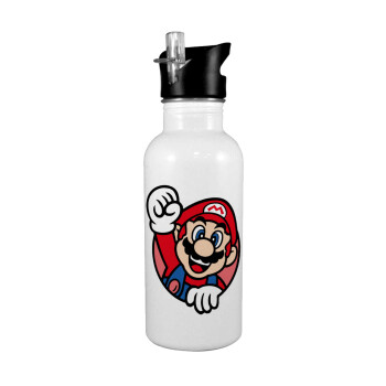 Super mario win, White water bottle with straw, stainless steel 600ml