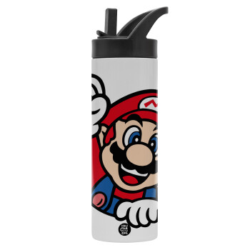 Super mario win, Metallic thermos bottle with straw & handle, stainless steel (Stainless steel 304), double-walled, 600ml.