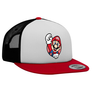 Super mario win, Adult Foam Flat Snapback with Mesh Red-White-Black (POLYESTER, ADULT, UNISEX, ONE SIZE)